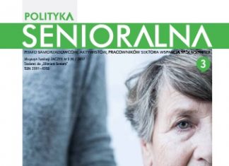 Grafika: zdjęcie kobiety z siwymi włosami, patrzącej przed siebie, na jej prawym ramieniu spoczywają dłonie osoby stojącej za nią. U góry napis "Polityka Senioralna 3".