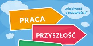 Grafika: drogowskaz z trzema tablicami (każdy z jednym słowem): praca, przyszłość, samodzielność. W prawym górnym rogu chumra z napisem "Absolwent z przyszłością".