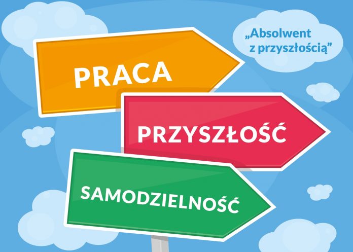 Grafika: drogowskaz z trzema tablicami (każdy z jednym słowem): praca, przyszłość, samodzielność. W prawym górnym rogu chumra z napisem 