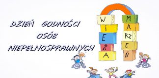 Grafika: Napis "Dzień Godności Osób Niepełnosprawnych", po prawej stronie rysunek dwóch kolumn z ustawionych na sobie pudełek połączonych u góry łukiem. Na pudełkach napis" "Wieża marzeń". Wokół cieszące się dzieci, w tym dzieci na wózkach.