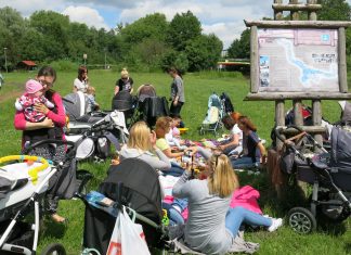 Zdjęcie przedstawia uczestniczki Klubu Rodzica i Malucha podczas pikniku w 2015 r.