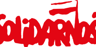 CZerwony napis "Solidarność" na białym tle - logo NSZZ "Solidarność"