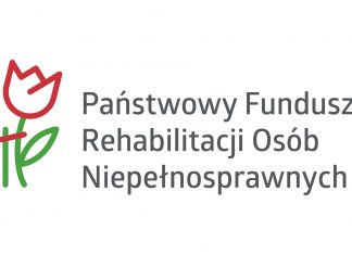 Logo PFRON-u: schematycznie narysowany tulipan, którego łodyga opiera się na słupku.